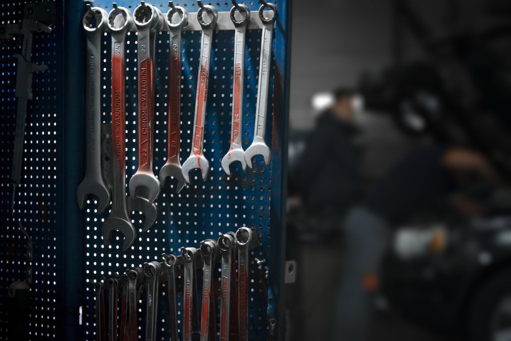 Car repair equipment in the tool box in car repair shop